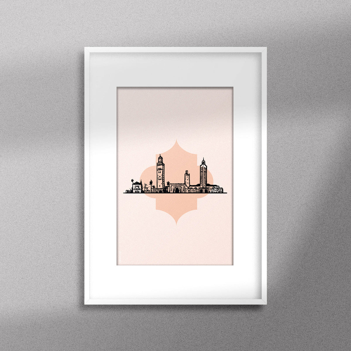 Tableau décoratif illustrant monuments emblématiques du Maroc sur un fond rose pale, encadré dans un cadre blanc - Format A3.