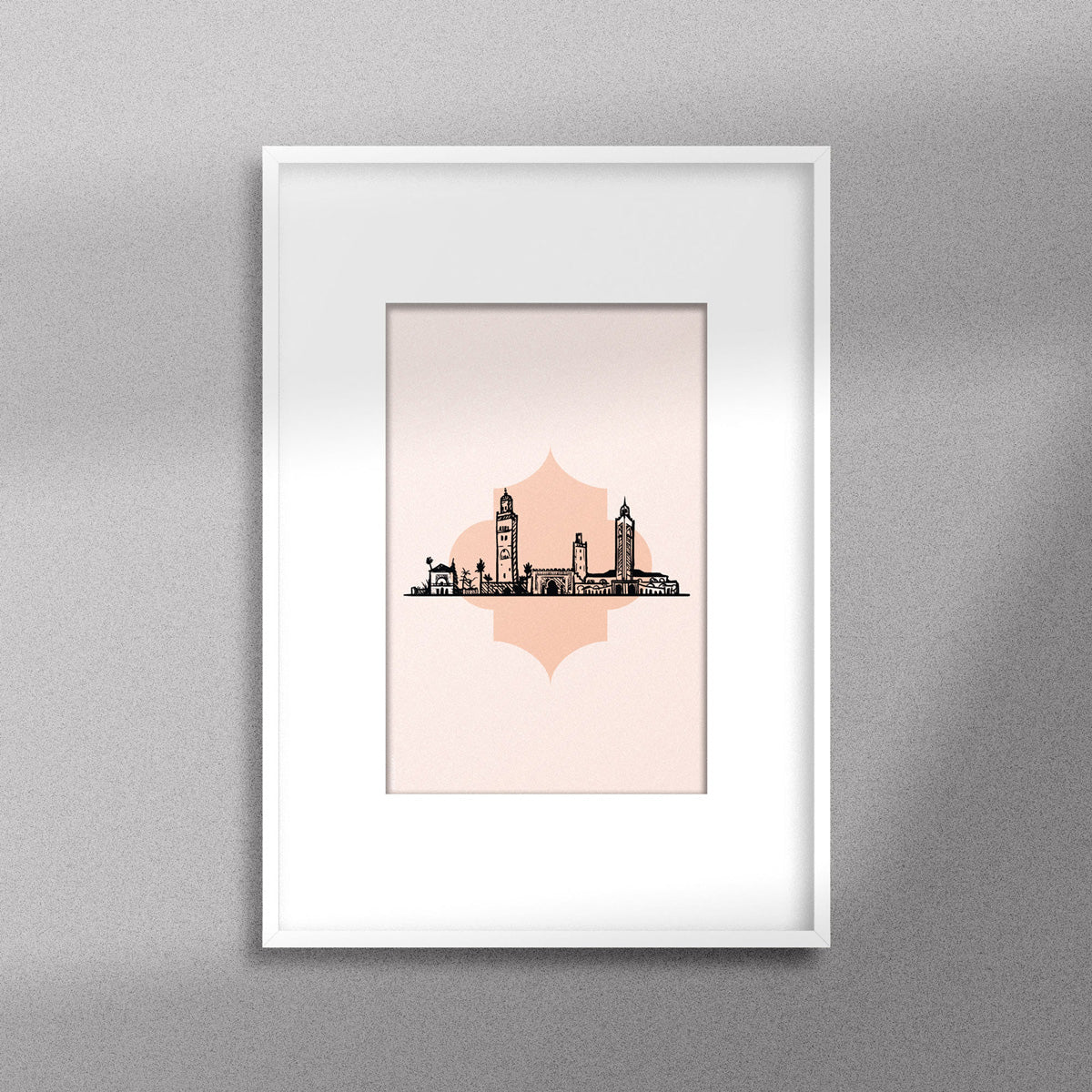 Tableau décoratif illustrant monuments emblématiques du Maroc sur un fond rose pale, encadré dans un cadre blanc - Format A4.