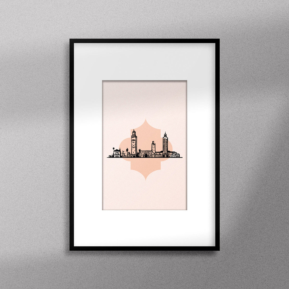 Tableau décoratif illustrant monuments emblématiques du Maroc sur un fond rose pale, encadré dans un cadre noir - Format A4.