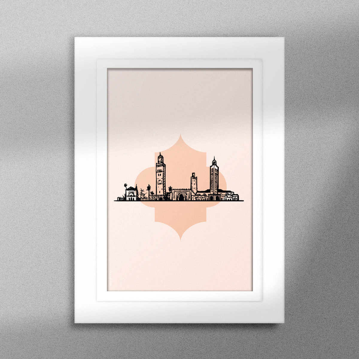 Tableau décoratif illustrant monuments emblématiques du Maroc sur un fond rose pale, encadré dans un cadre blanc - Format A5.