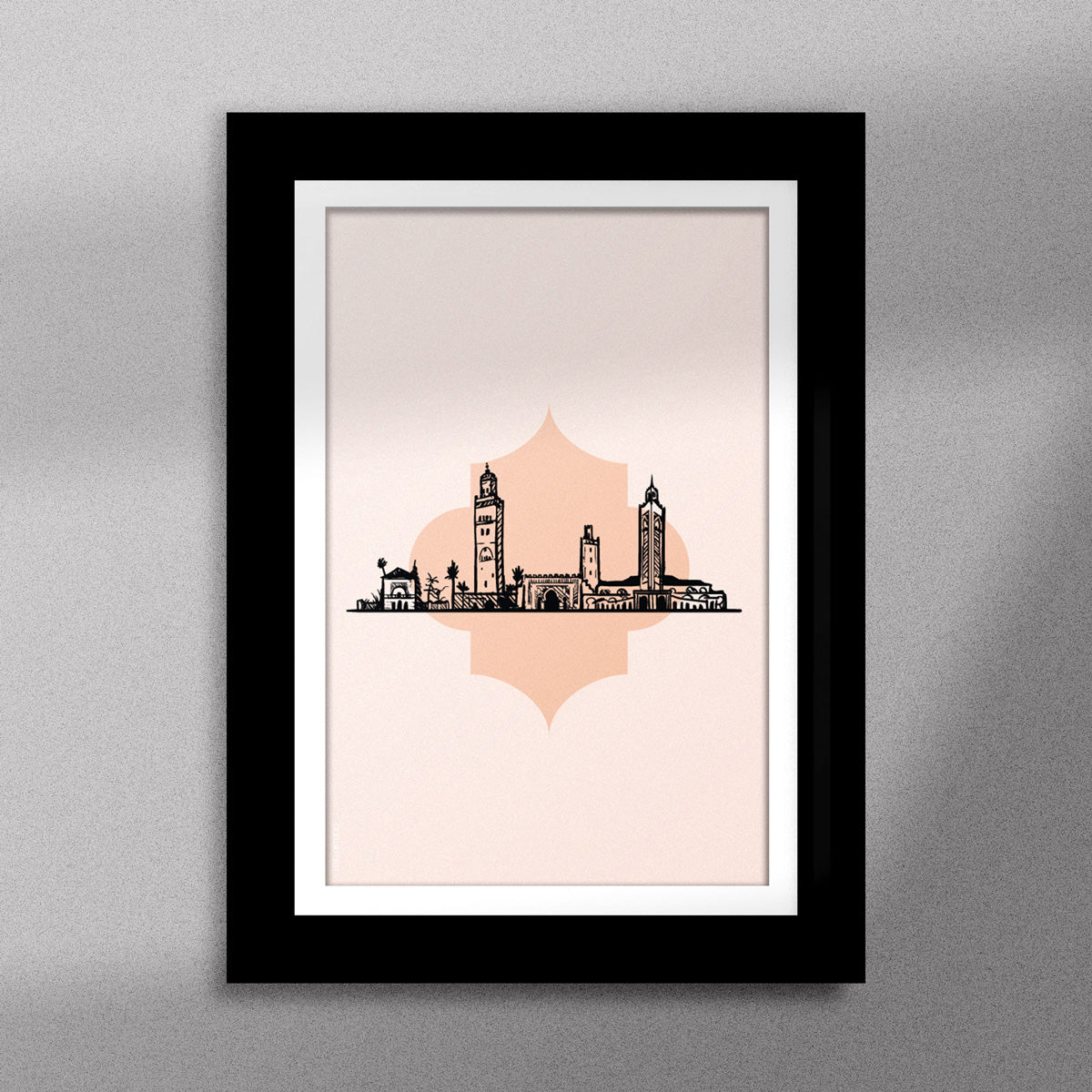Tableau décoratif illustrant monuments emblématiques du Maroc sur un fond rose pale, encadré dans un cadre noir - Format A5.