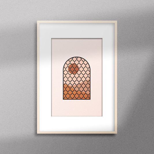 Tableau décoratif d'une illustration d'une fenêtre à grille de fer forgé ancienne, encadré dans un cadre en bois - Format A3.