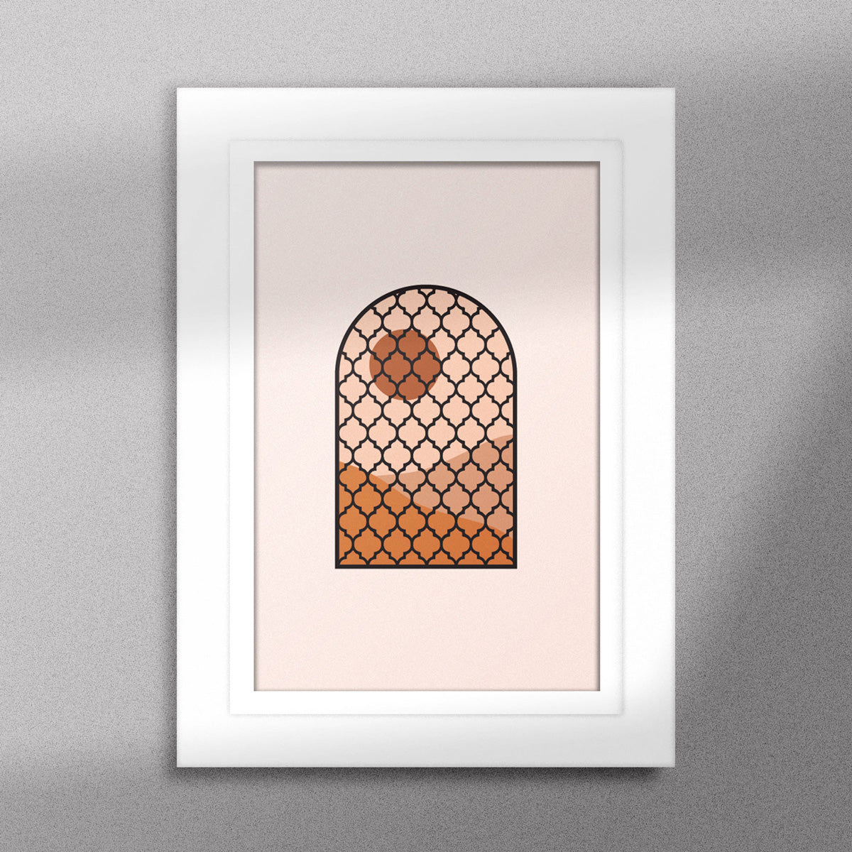Tableau décoratif d'une illustration d'une fenêtre à grille de fer forgé ancienne, encadré dans un cadre blanc - Format A5.