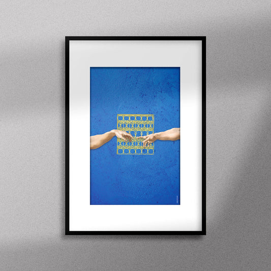 Tableau décoratif de la version marocaine du célèbre tableau de Michelangelo Creation of Adam, encadré dans un cadre en noir - Format A3.