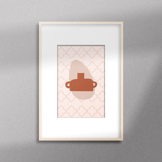 Tableau décoratif d'une illustration d'un pot en terre cuite sur un fond rose pâle de motifs marocains , encadré dans un cadre en bois - Format A4.