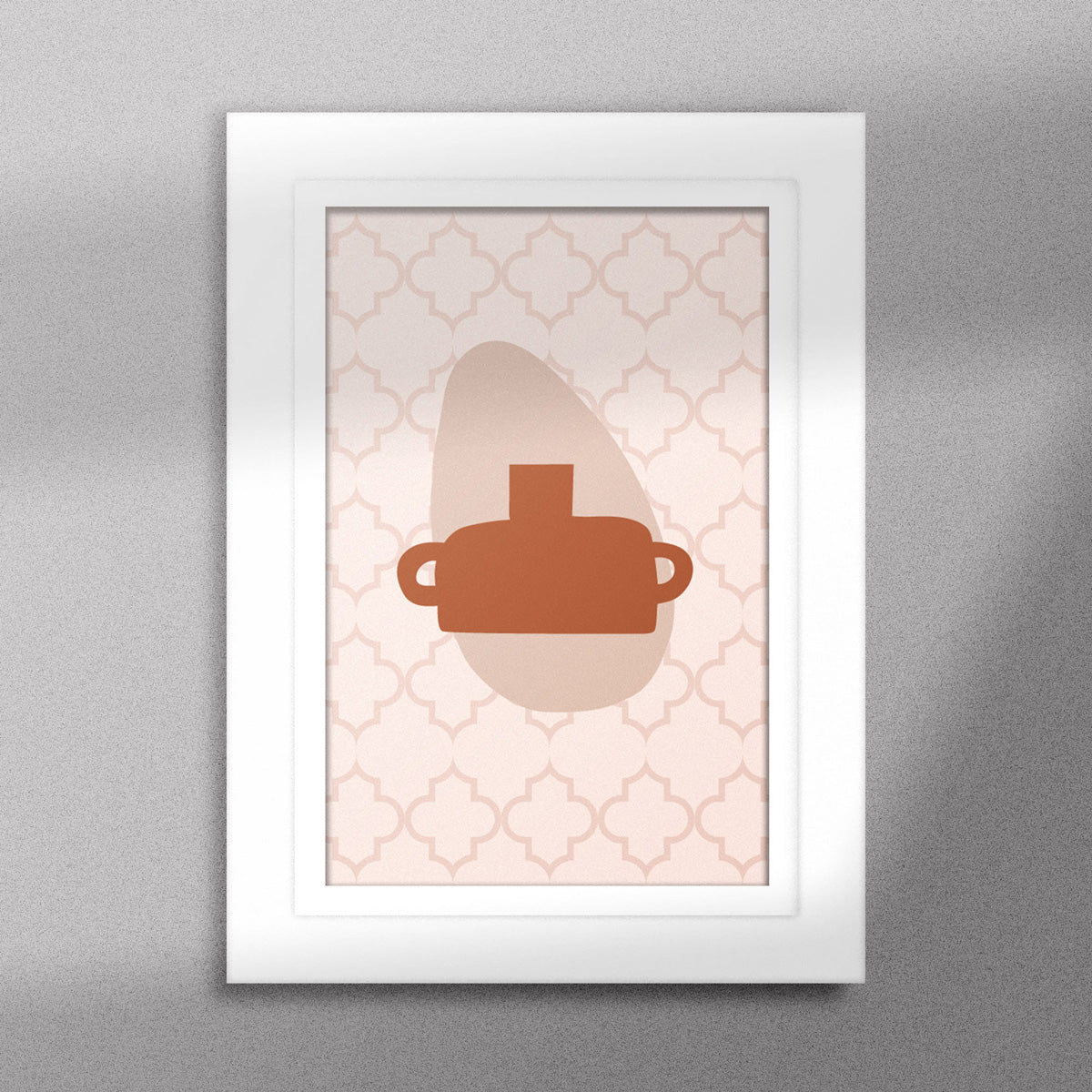 Tableau décoratif d'une illustration d'un pot en terre cuite sur un fond rose pâle de motifs marocains , encadré dans un cadre en blanc - Format A5.
