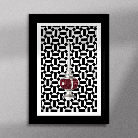 Tableau décoratif représentant un lance-parfum traditionnel marocain, encadré dans un cadre noir - Format A5.