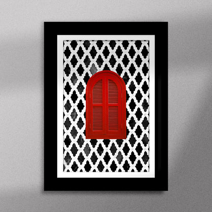 Tableau décoratif d'une fenêtre marocaine en rouge, sur un fond de zellige marocain en noir et blanc, encadré dans un cadre en noir - Format A5