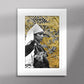 Tableau décoratif représentant un portrait d'une femme amazighe portant la fibule sur un fond de zellige marocain avec des feuilles d'or, encadré dans un cadre blanc - Format A5.