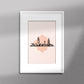 Tableau décoratif illustrant monuments emblématiques du Maroc  sur un fond rose pale, encadré dans un cadre blanc - Format A3.