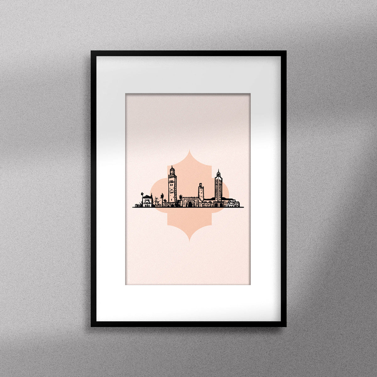 Tableau décoratif illustrant monuments emblématiques du Maroc  sur un fond rose pale, encadré dans un cadre noir - Format A3.