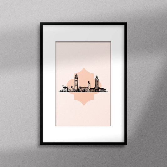 Tableau décoratif illustrant monuments emblématiques du Maroc  sur un fond rose pale, encadré dans un cadre noir - Format A3.