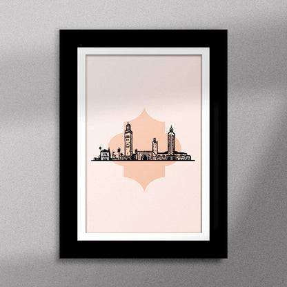 Tableau décoratif illustrant monuments emblématiques du Maroc  sur un fond rose pale, encadré dans un cadre noir - Format A5.