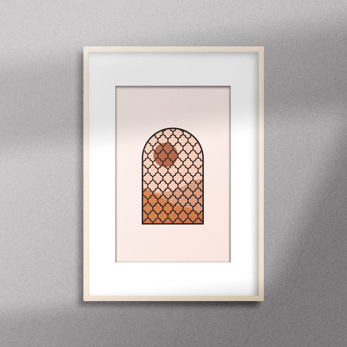  Tableau décoratif d'une illustration d'une fenêtre à grille de fer forgé ancienne, encadré dans un cadre en bois - Format A3.