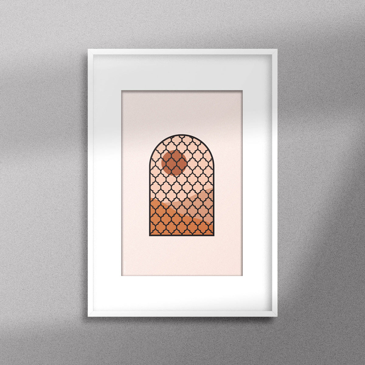  Tableau décoratif d'une illustration d'une fenêtre à grille de fer forgé ancienne, encadré dans un cadre blanc - Format A3.