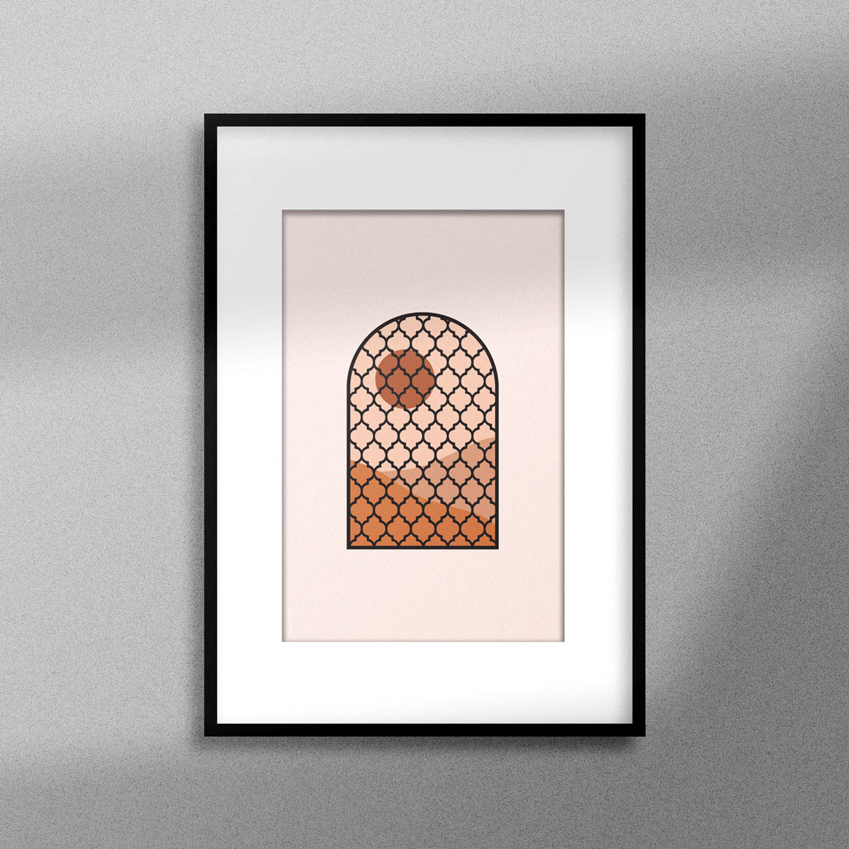  Tableau décoratif d'une illustration d'une fenêtre à grille de fer forgé ancienne, encadré dans un cadre noir - Format A3.