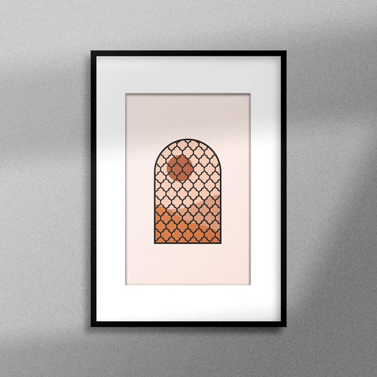  Tableau décoratif d'une illustration d'une fenêtre à grille de fer forgé ancienne, encadré dans un cadre noir - Format A3.