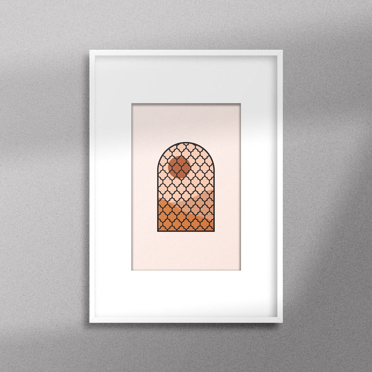  Tableau décoratif d'une illustration d'une fenêtre à grille de fer forgé ancienne, encadré dans un cadre blanc - Format A4.