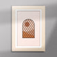  Tableau décoratif d'une illustration d'une fenêtre à grille de fer forgé ancienne, encadré dans un cadre en bois - Format A5.