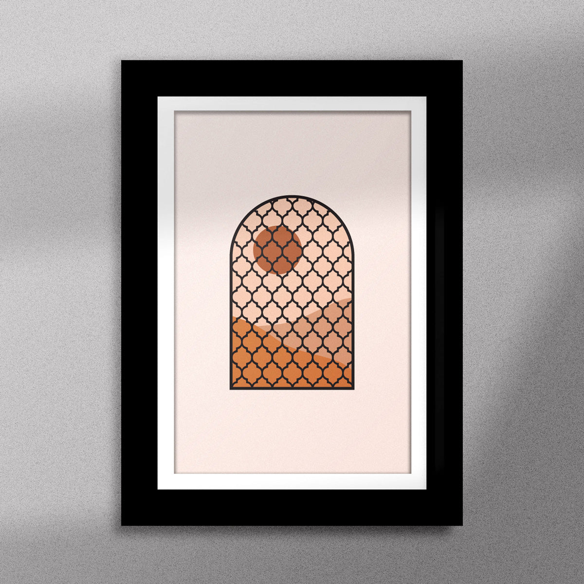  Tableau décoratif d'une illustration d'une fenêtre à grille de fer forgé ancienne, encadré dans un cadre noir - Format A5.
